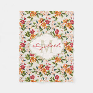 Elegante Vintage Watercolor-Blumen mit Monogramm Fleecedecke