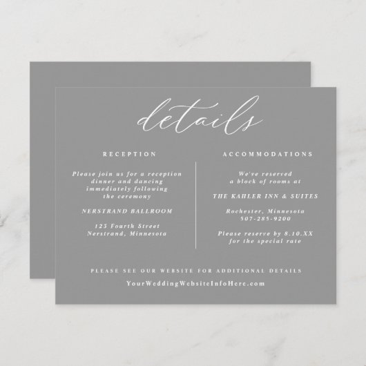 Elegante Vintage Wedding Details Card Grau Begleitkarte (Vorne/Hinten)