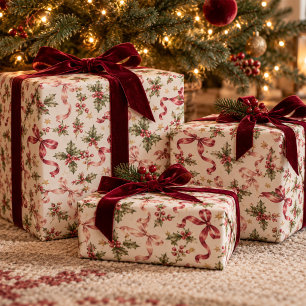 Elegante Vintage-Weihnachts-Stechpalme-Rot-Rosa-Sc Geschenkpapier
