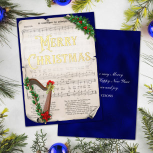 Elegante Vintage-Weihnachtsmusik Harfe Blau Gold Folien Feiertagskarte