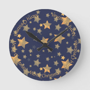 Elegante Vintage-Weihnachtssterne in Blau und Gold Runde Wanduhr