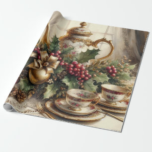 Elegante Vintage-Weihnachtsteekanne und Grünzeug  Geschenkpapier