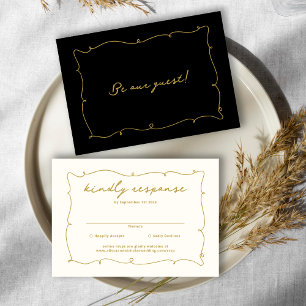 Elegante Vintage Whimsical Black and Gold Wedding RSVP Karte