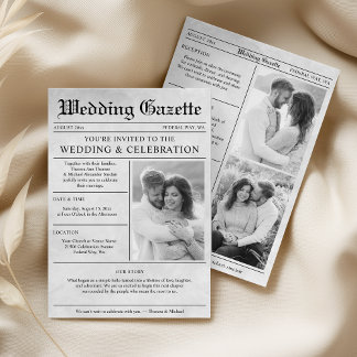 Elegante Vintage-Zeitungsfoto-Hochzeit in einem Einladung