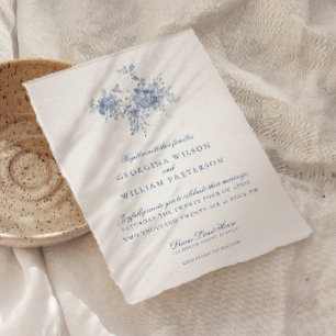 Elegante Vintageblaue Blumige Jouy-Hochzeit Einladung