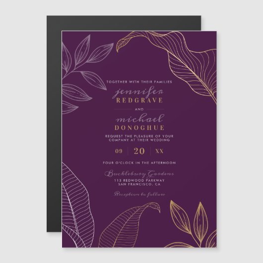 Elegante Violet Gold Buds Moderne Hochzeit Magneteinladung (Vorne/Hinten)