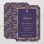 Elegante Violet Gold Cross Script Blumentaufen Einladung (Vorne/Hinten)