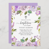 Elegante Violet Lila Blumenkreuz Taufe Einladung (Vorne/Hinten)