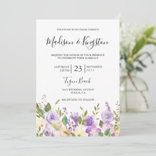 Elegante Violet Lila Champagne Blume Hochzeit Einladung (Stehend Vorderseite)