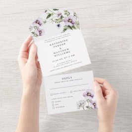 Elegante Violet Pansy Blumenwasser Hochzeit All In One Einladung
