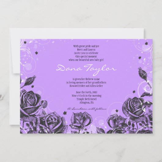 Elegante Violet-Rose Baby-Naming-Hebräisch Einladung (Vorderseite)