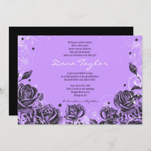 Elegante Violet-Rose Baby-Naming-Hebräisch Einladung (Vorne/Hinten)