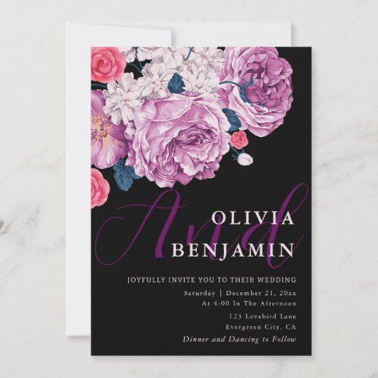 Elegante Violet Rose Calligraphy Black Wedding Einladung (Vorderseite)