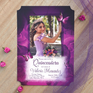 Elegante Violett Rose, Schmetterlinge Quinceanera Einladung