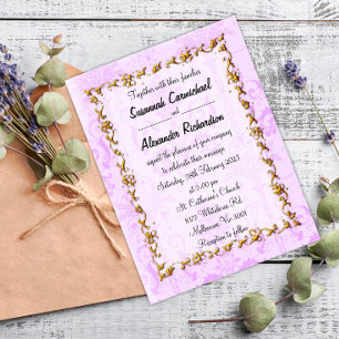 Elegante violette Damast- und Gold-Hochzeit Postkarte