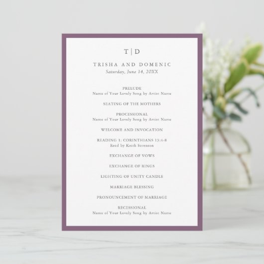 Elegante violette Monogramm-Moderne Hochzeit Programm (Stehend Vorderseite)