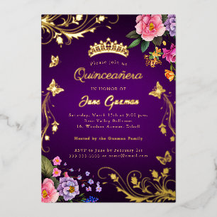 Elegante Violette Rose Wirbel Gold Quinceañera Folieneinladung