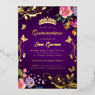 Elegante Violette Rose Wirbel Gold Quinceañera Folieneinladung