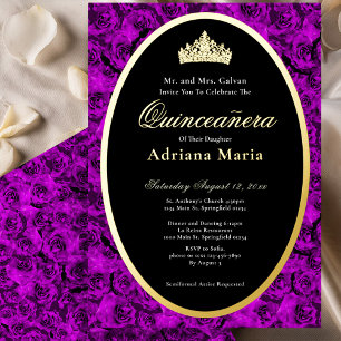 Elegante violette Rosen mit Gold florale Quinceane Folieneinladung