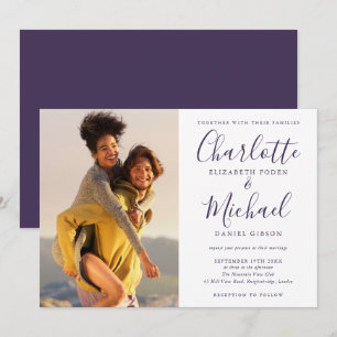 Elegante violette Unterschriften-Script-Foto-Hochz Einladung