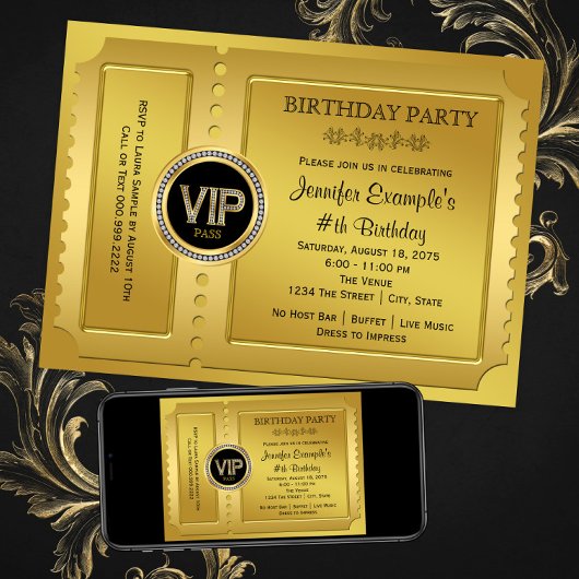 Elegante VIP Golden Ticket Geburtstagsparty Einladung