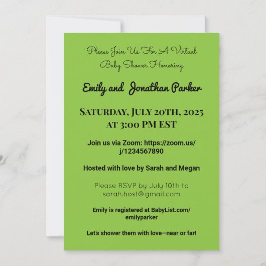 Elegante Virtual Baby Shower Einladung (Vorderseite)