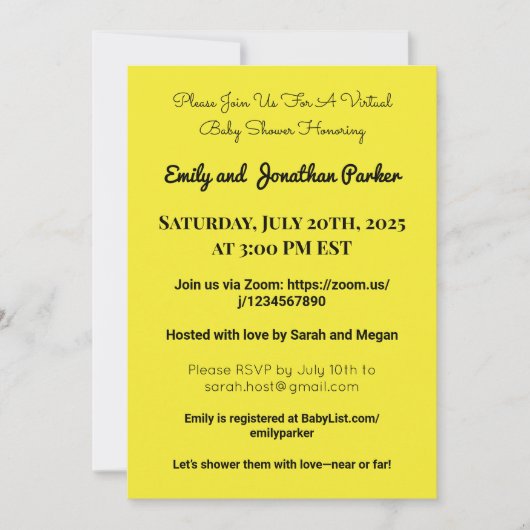 Elegante Virtual Baby Shower Einladung (Vorderseite)