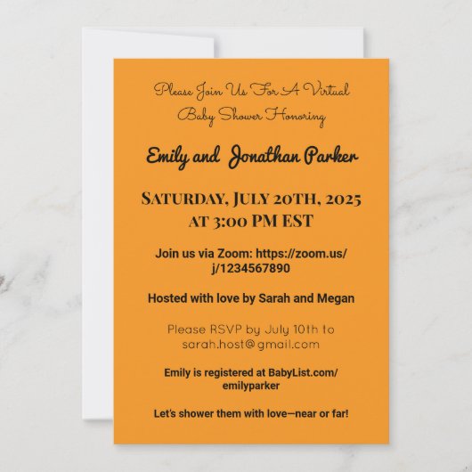Elegante Virtual Baby Shower Einladung (Vorderseite)