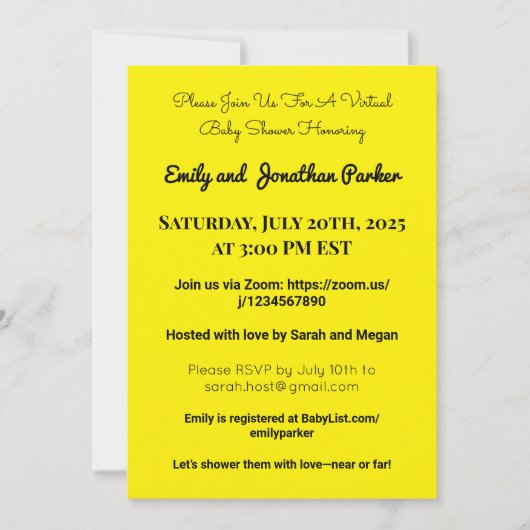 Elegante Virtual Baby Shower Einladung (Vorderseite)