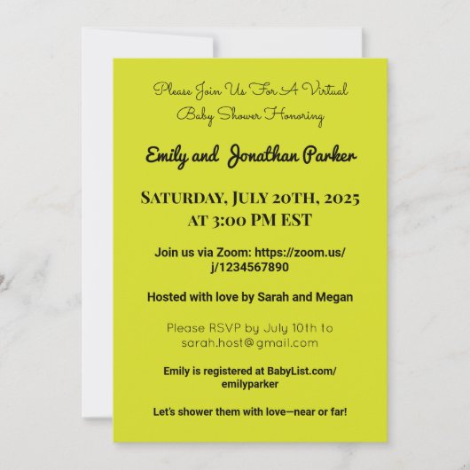 Elegante Virtual Baby Shower Einladung (Vorderseite)
