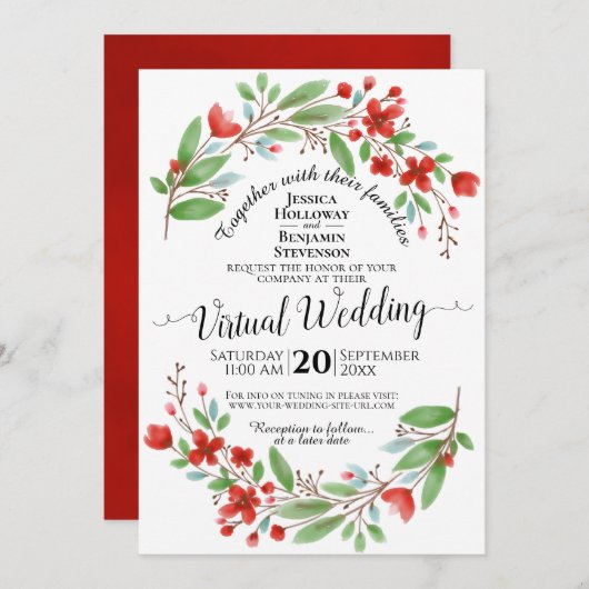 Elegante Virtual Wedding in Red Watercolor Einladung (Vorne/Hinten)