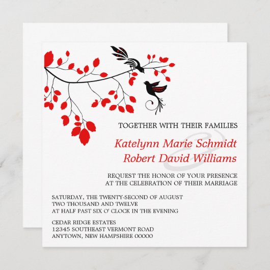 Elegante Vögel auf einem Zweig Rot und Schwarz Hoc Einladung (Vorne/Hinten)