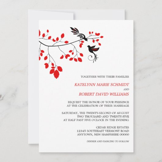 Elegante Vögel auf einem Zweig Rot und Schwarz Hoc Einladung (Vorderseite)