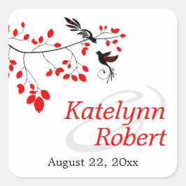 Elegante Vögel auf einem Zweig Rot und Schwarz Hoc Quadratischer Aufkleber