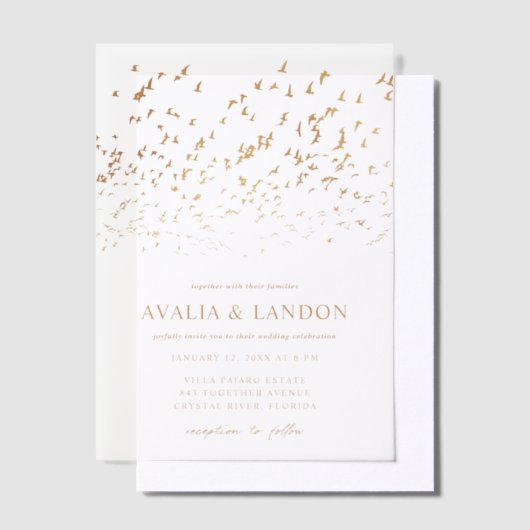 Elegante Vögel einer Feather Black and Gold Hochze Pergament Einladungen (Versetzt)