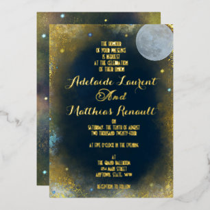 Elegante Vollmond-Himmelhochzeit: Blau und Gold Folieneinladung