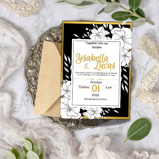 Elegante, von Hand Gezeichnet, blumenreiche Hochze Einladung