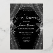 Elegante Vorhänge & Dress Brautparty Real Silver Folieneinladung (Rückseite)