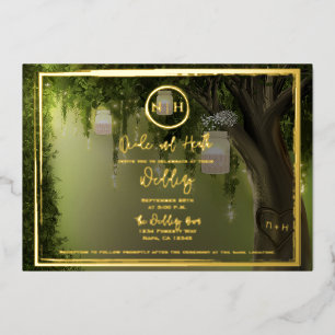 Elegante Wald-Blumen-Glas-Lichter Hochzeit Gold Folieneinladung