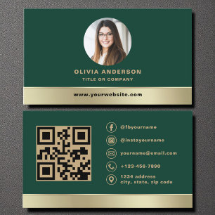 Elegante Waldgrün-Gold-Logo-QR-Code-Foto Visitenkarte