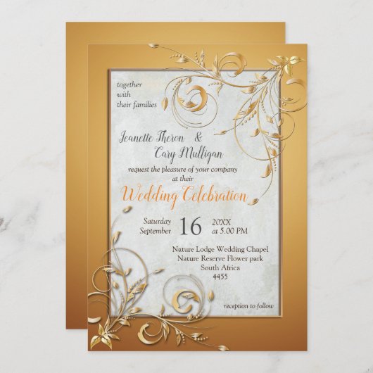 Elegante, warme Goldtöne und abstrakte Blume Einladung (Vorne/Hinten)