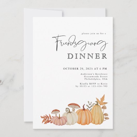 Elegante Wassercolor Pumpkin Freundliches Abendess Einladung (Vorderseite)