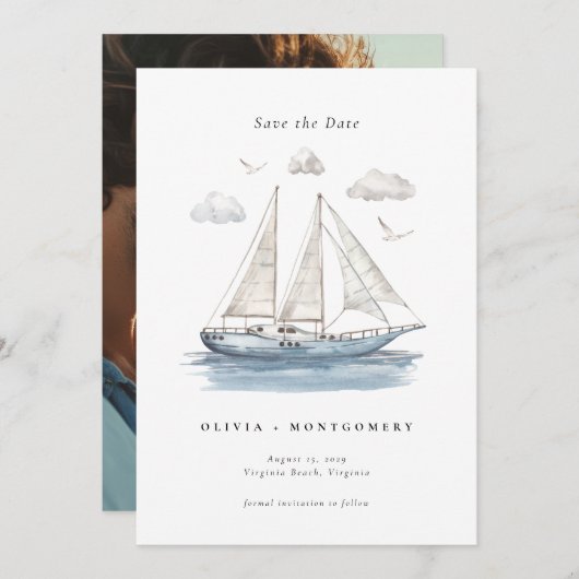 Elegante Wassercolour Segelyacht Save the Date Einladung (Vorne/Hinten)