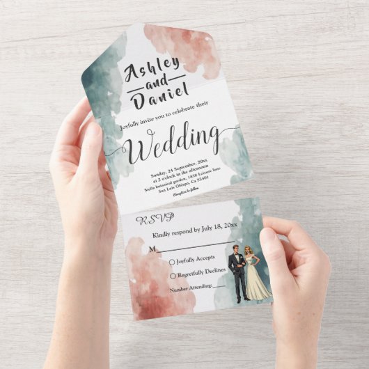 Elegante Wasserfarbe Abstrakte Braut & Hochzeit All In One Einladung (Abreißen)