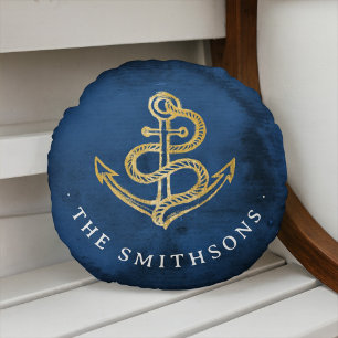 Elegante Wasserfarbe Anchor Nautical Name Navy Bla Rundes Kissen