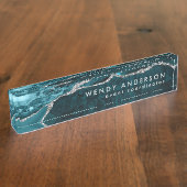 Elegante Wasserfarbe Aquamarin Silber Glitzer Agat Namensplakette (Seite)