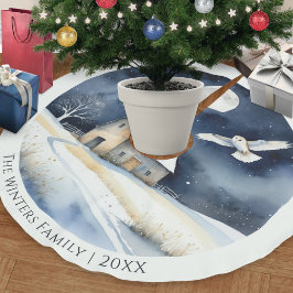 Elegante Wasserfarbe Barn Owl Schneeszene Weihnach Polyester Weihnachtsbaumdecke