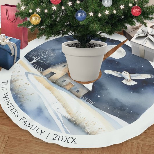 Elegante Wasserfarbe Barn Owl Schneeszene Weihnach Polyester Weihnachtsbaumdecke