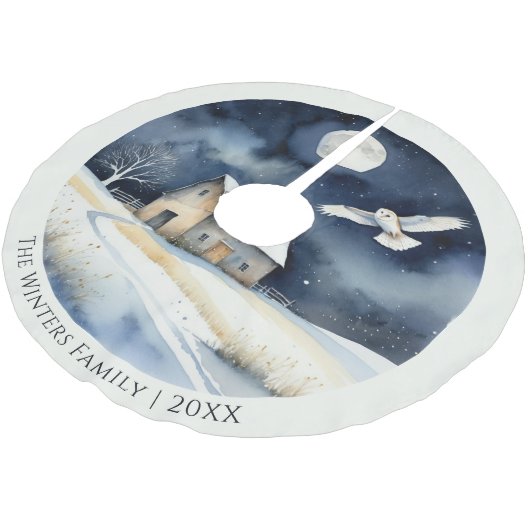 Elegante Wasserfarbe Barn Owl Schneeszene Weihnach Polyester Weihnachtsbaumdecke (Schrägansicht)