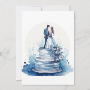Elegante Wasserfarbe Blaue Blumige Hochzeitstorte Einladung